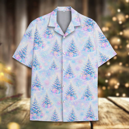 Detailed front view of the christmas trees pattern on hawaiian shirt