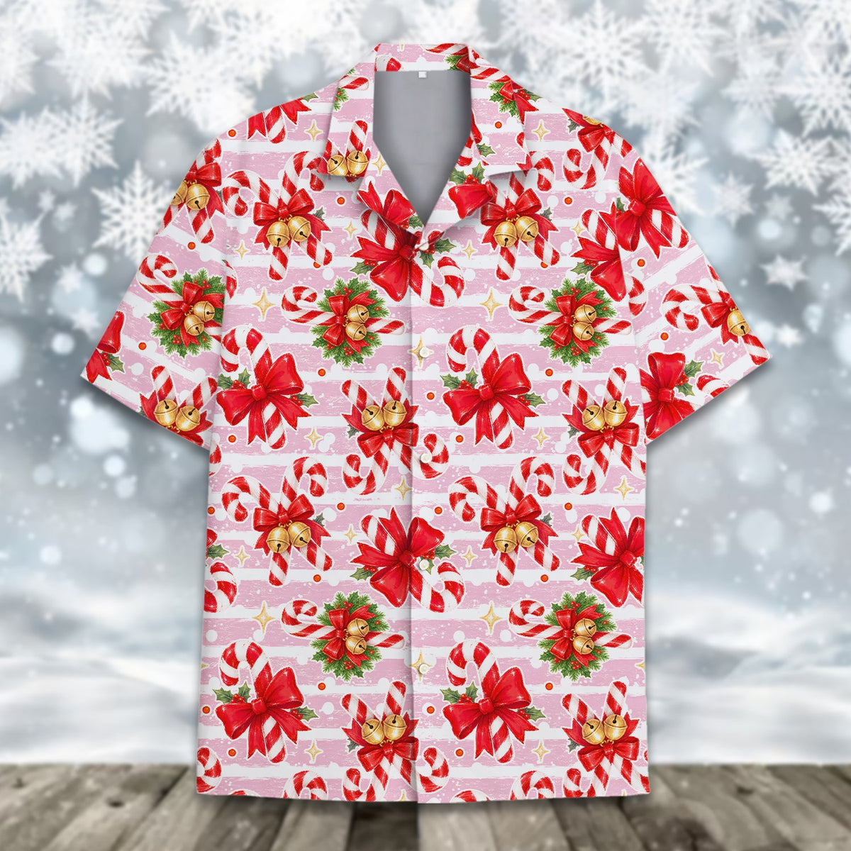 Flat lay front view of the festive pink holiday shirt