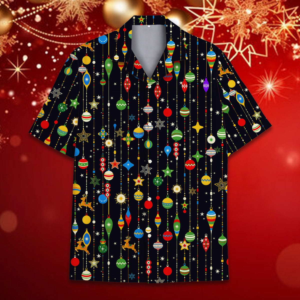 Close up front view highlighting the stars and reindeer print on the hawaiian shirt