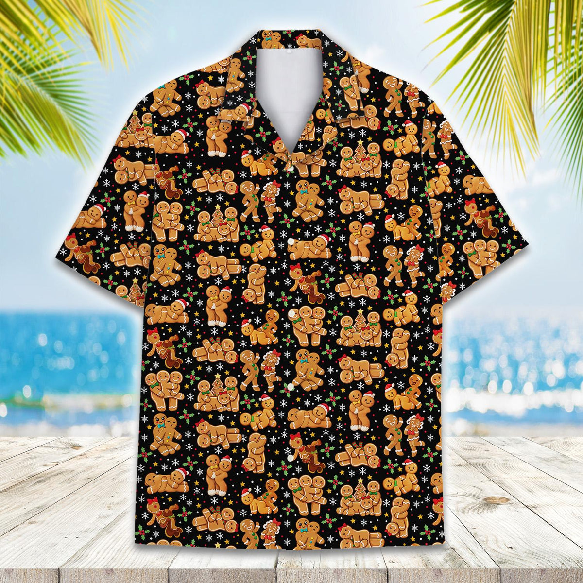 Holiday hawaiian shirt featuring playful gingerbread men, front view