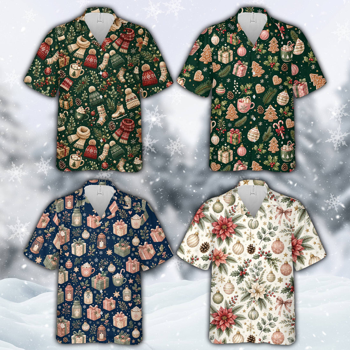 Multicolor Christmas hawaiian shirt with festive all-over print, front view
