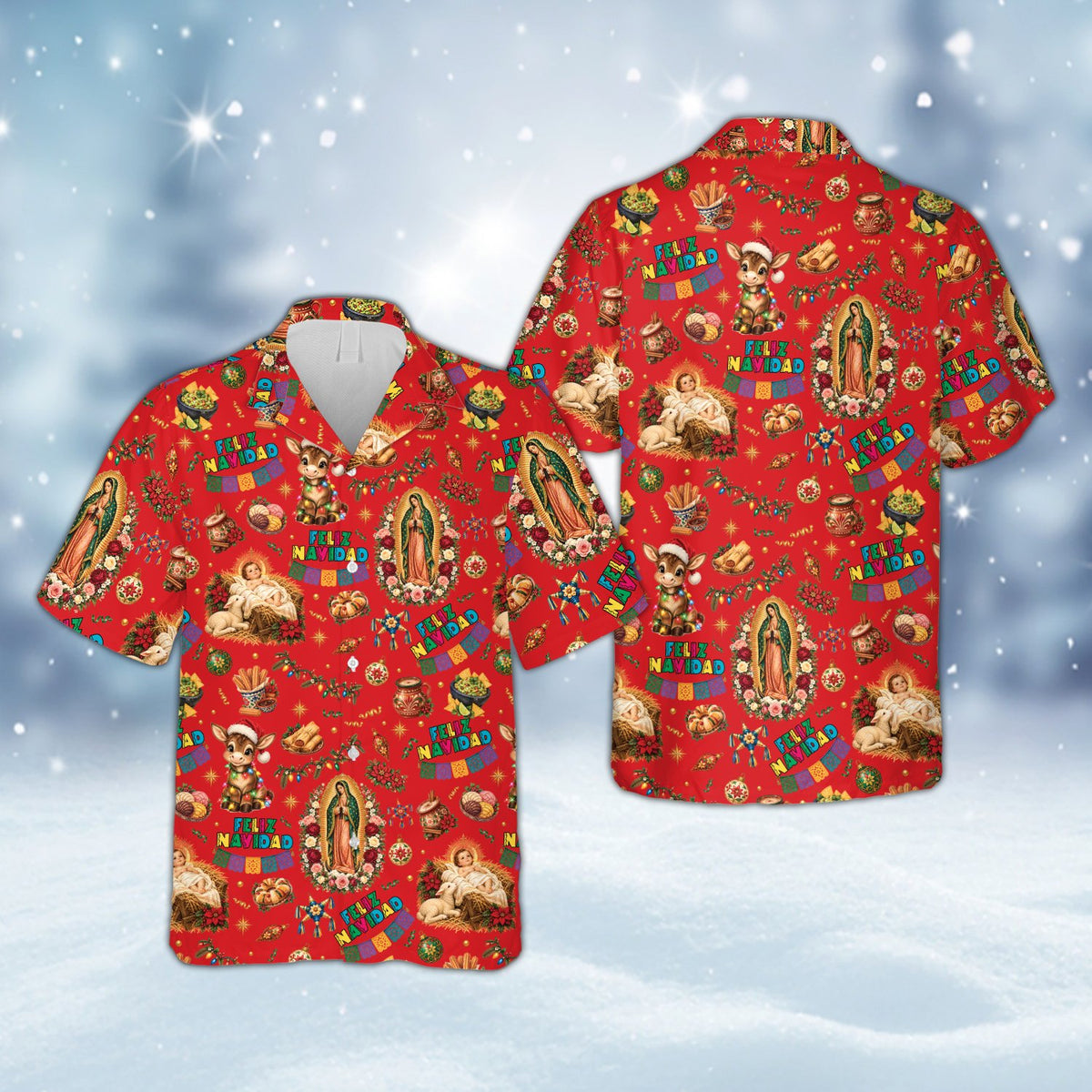 Multicolor front view displaying the nativity scene on the apparel