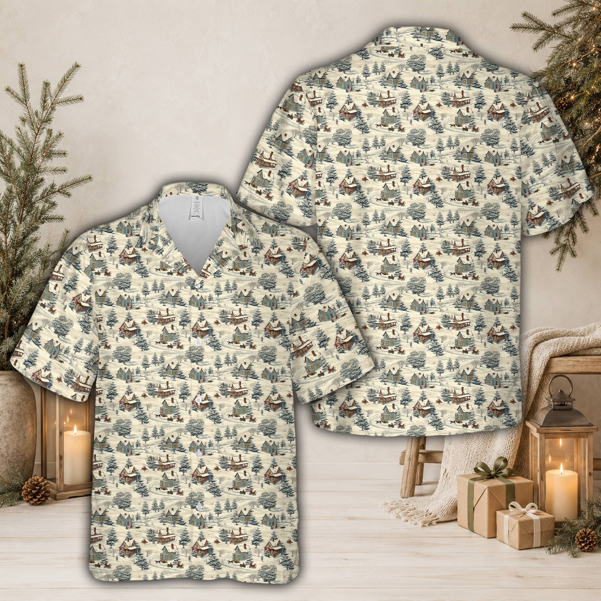 Front view of beige holiday hawaiian shirt with red and green retro print