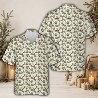 Front view of beige holiday hawaiian shirt with red and green retro print