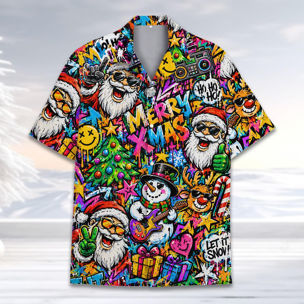 Family matching hawaiian shirts with Santa and snowman print, front detail
