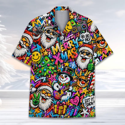 Family matching hawaiian shirts with Santa and snowman print, front detail