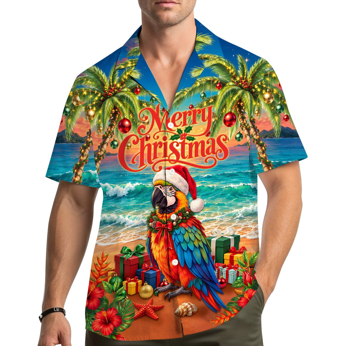 Additional front detail of the holiday hawaiian shirt for men and family