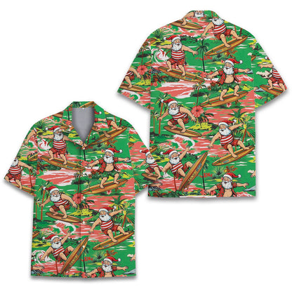 Festive surfing Santa christmas hawaiian shirt, front view
