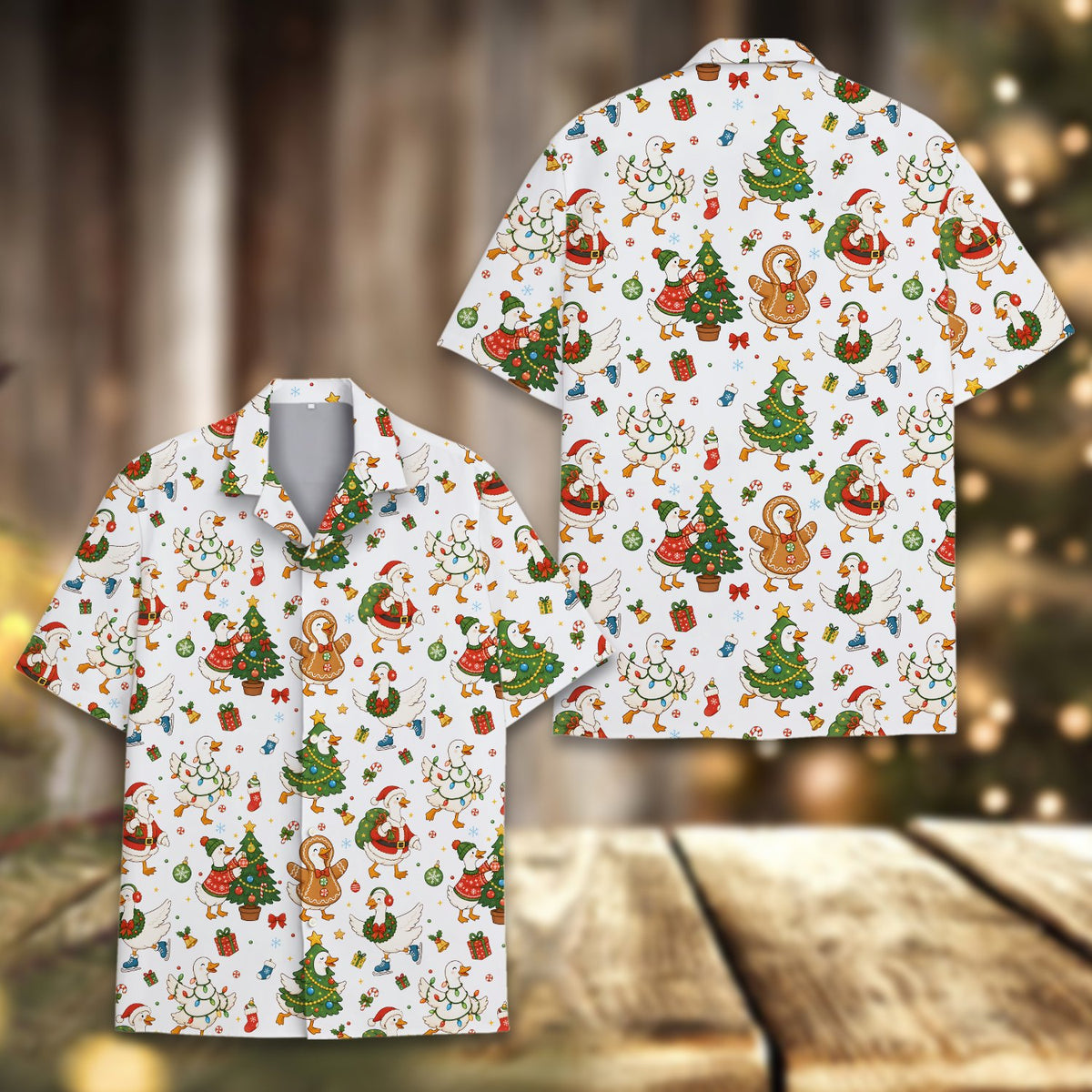 Another front view of the matching family christmas hawaiian shirt featuring festive ducks