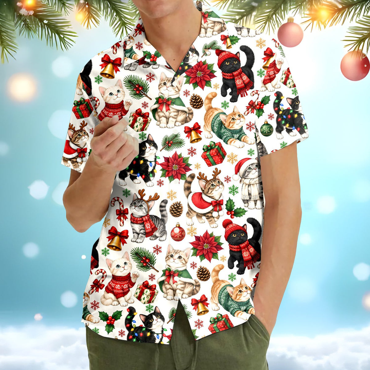 Front side of festive cats matching family hawaiian shirt