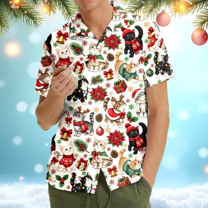 Front side of festive cats matching family hawaiian shirt