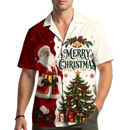 Front detail of the red side of the matching family hawaiian shirt featuring Santa Claus
