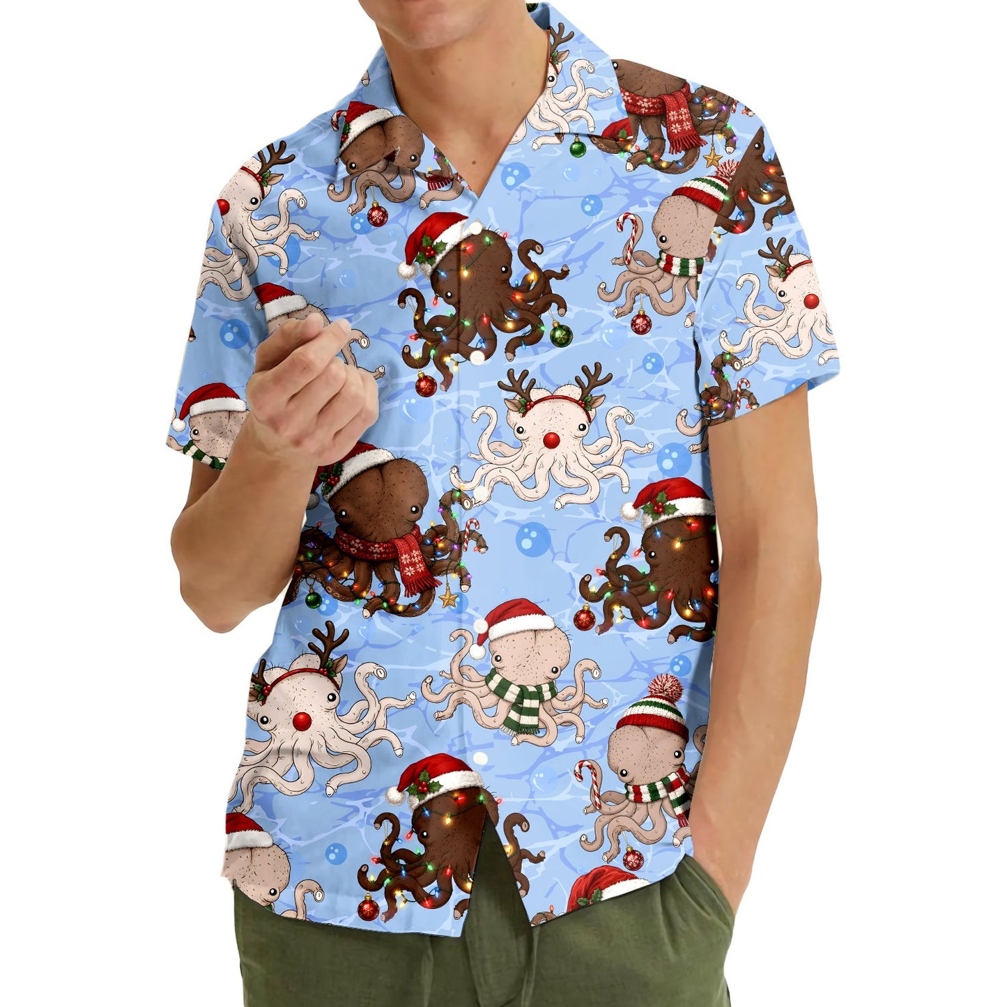 Angled front view of the light blue holiday hawaiian shirt