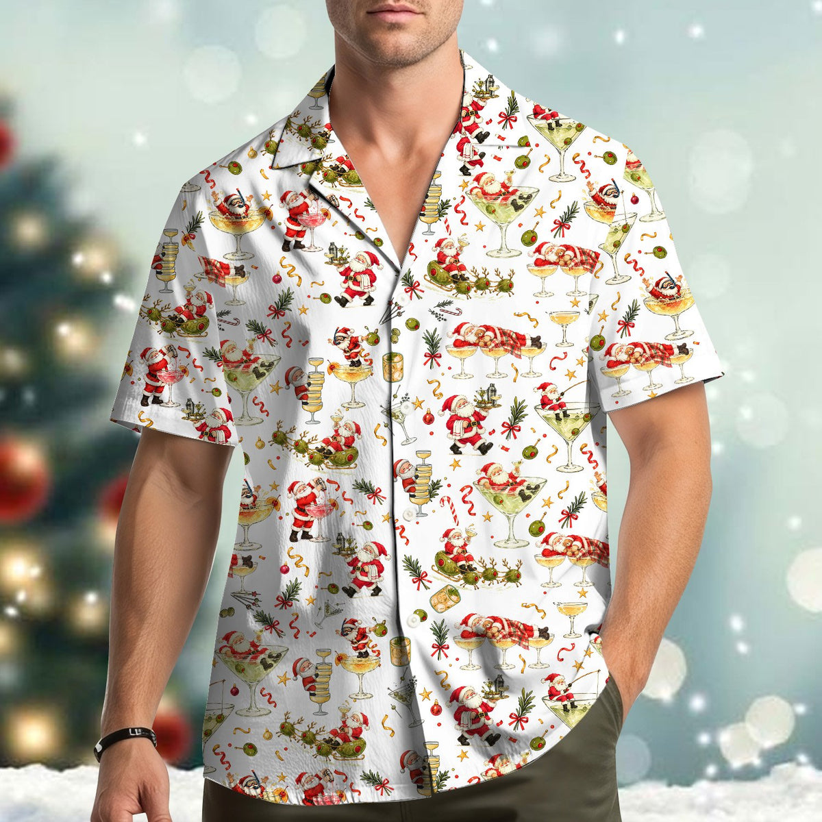Front angle view of the Santa and martini hawaiian shirt