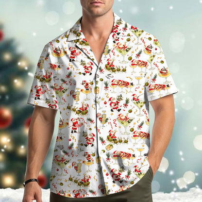 Front angle view of the Santa and martini hawaiian shirt