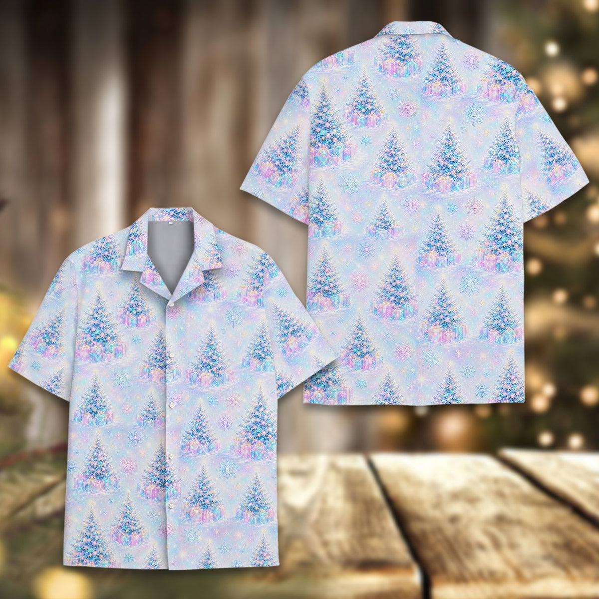 Another front view of the light blue and pink holiday hawaiian shirt