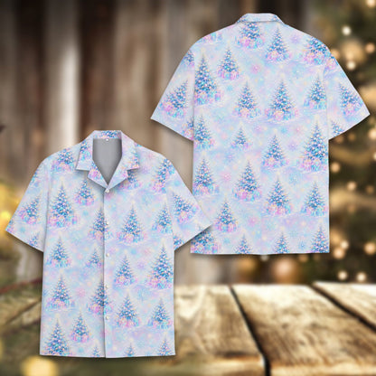 Another front view of the light blue and pink holiday hawaiian shirt