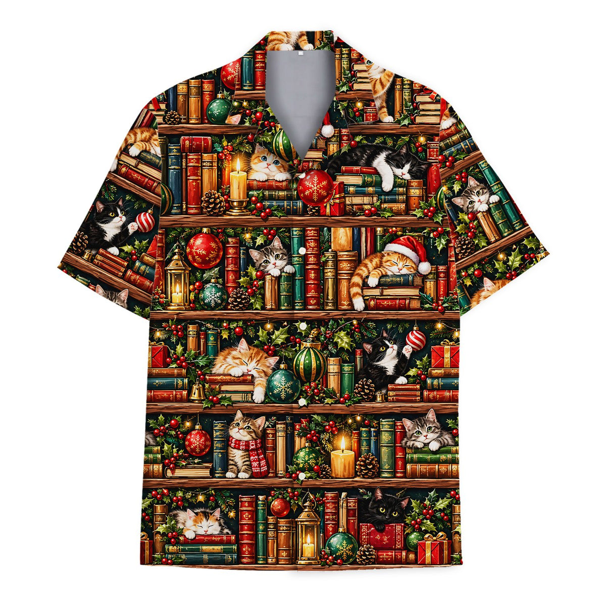 Additional front view showing the button-down style of the christmas hawaiian shirt