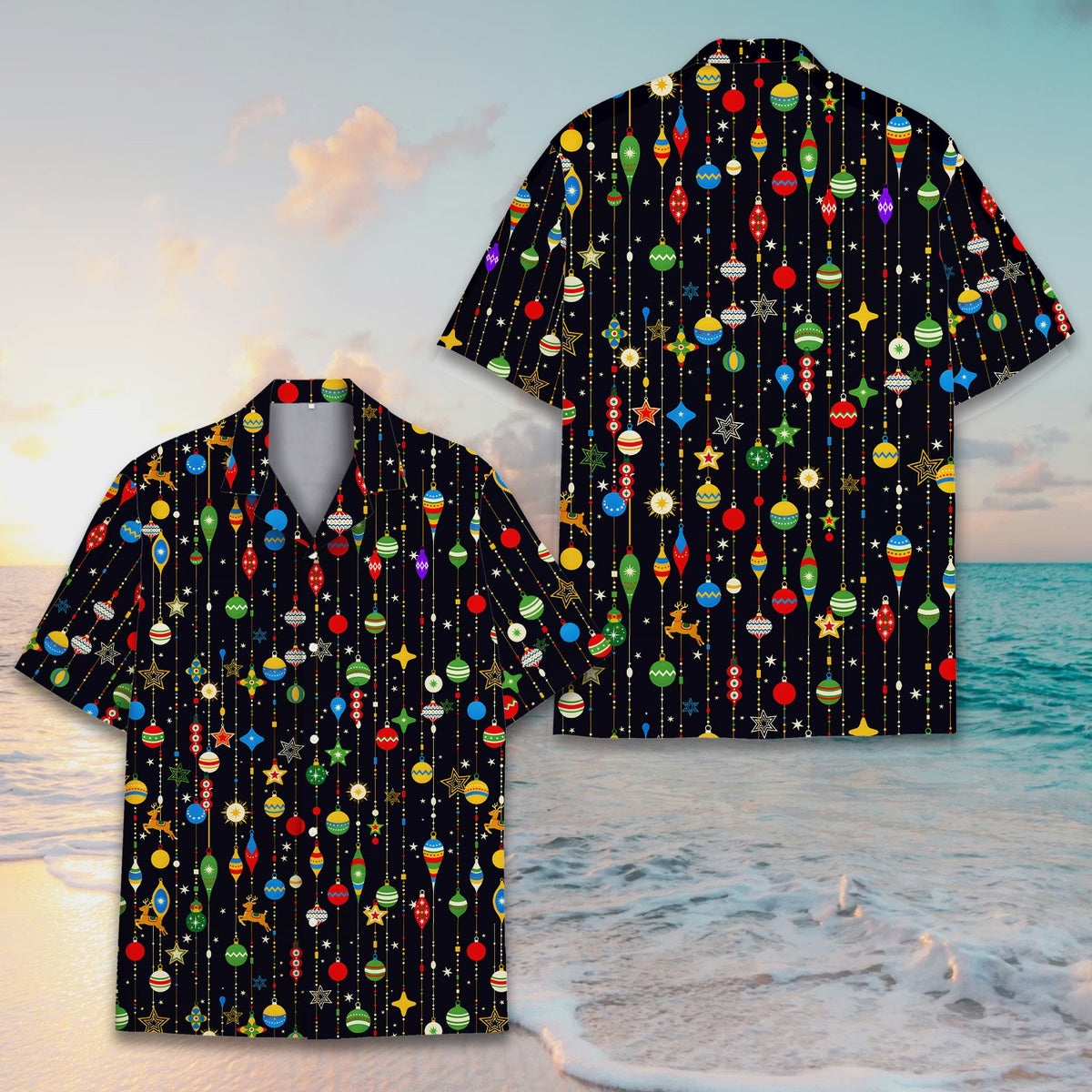 Another front view of the black christmas hawaiian shirt with colorful accents