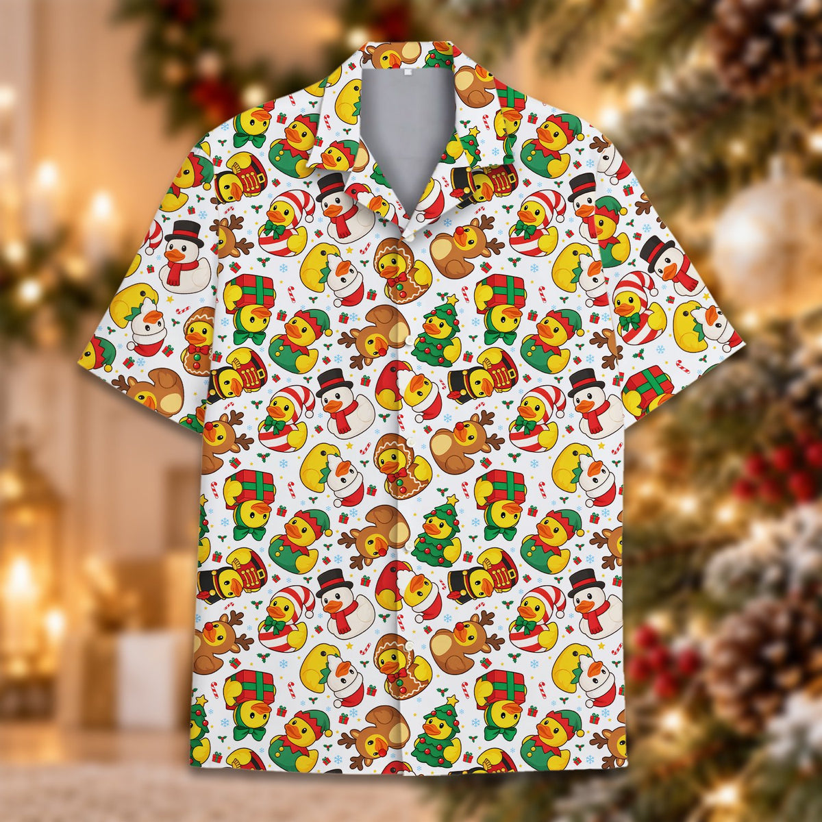 Detailed front view of the christmas hawaiian shirt