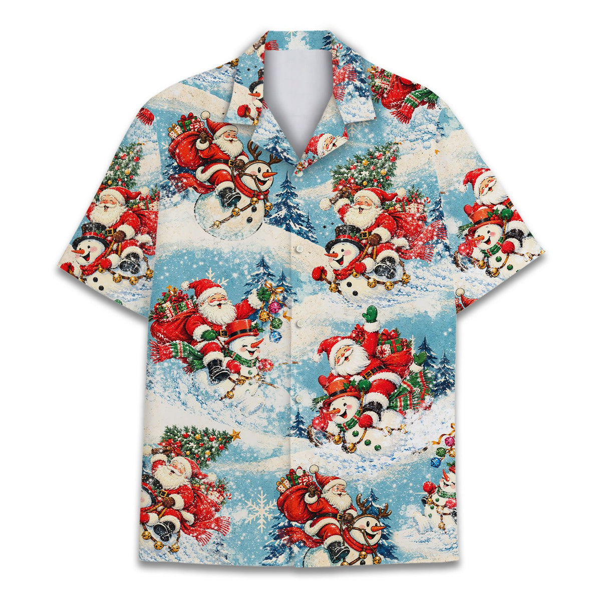 Front angle showing the holiday pattern on the hawaiian shirt