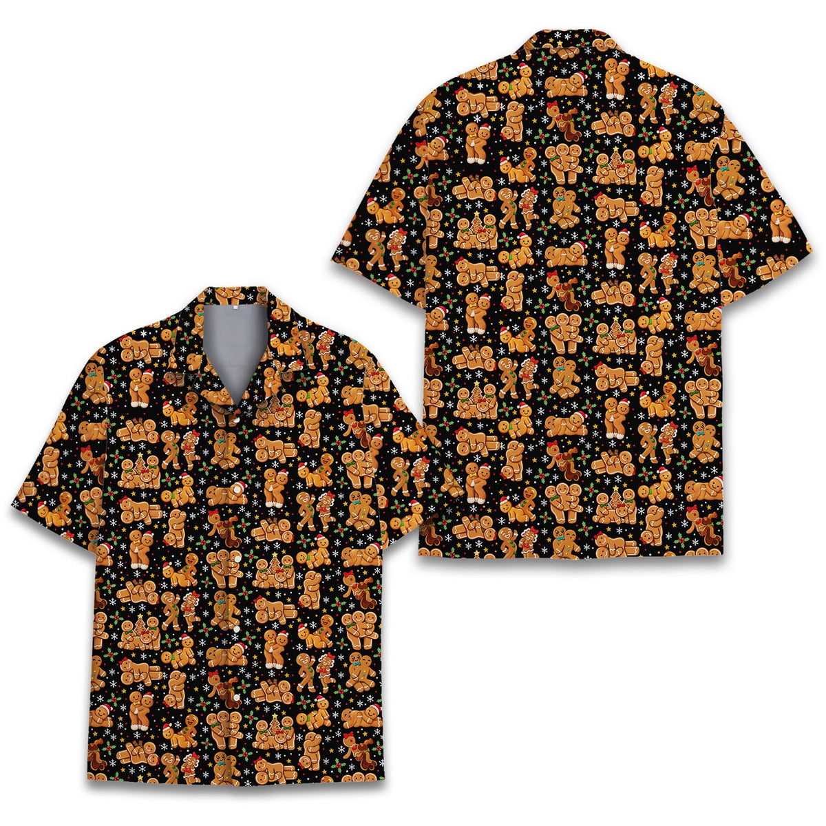 Christmas hawaiian shirt showing gingerbread men and snowflakes, front view