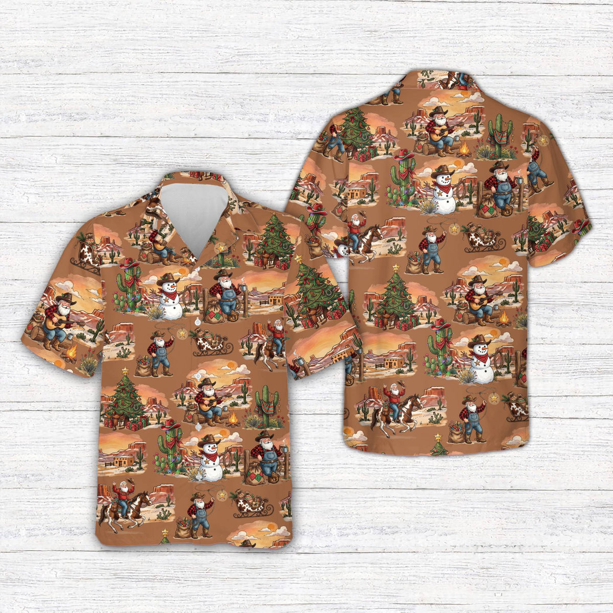 Another front view of the multicolor Western Christmas hawaiian shirt