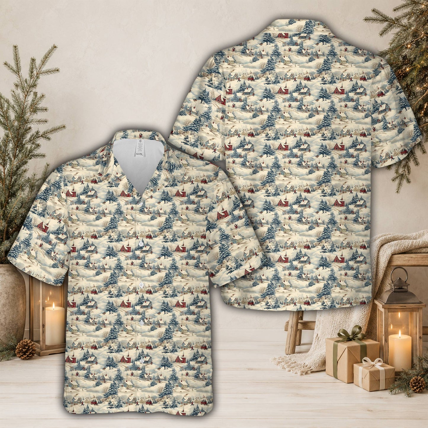 Front view of short-sleeve christmas hawaiian shirt
