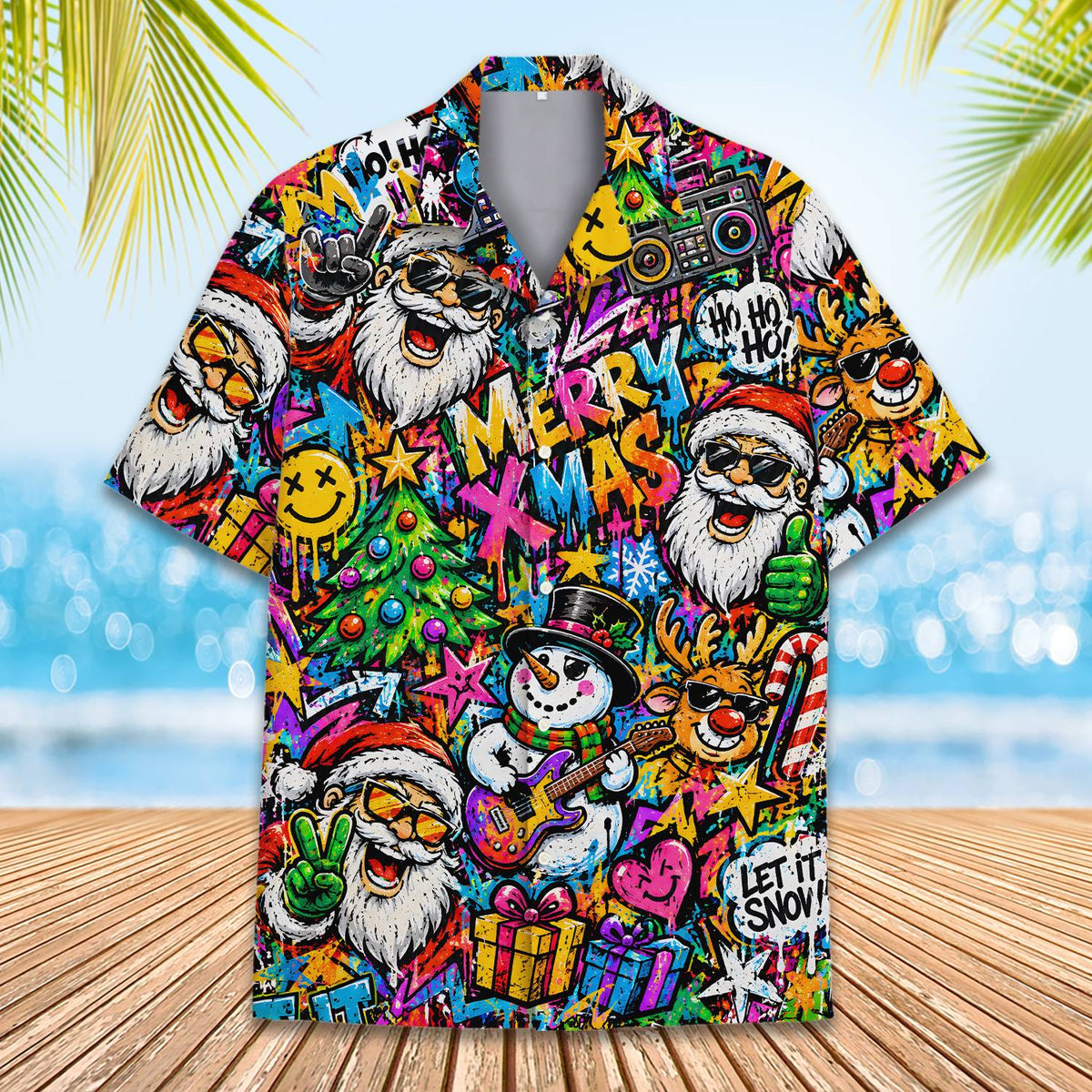 Button-down multicolor christmas hawaiian shirt front view