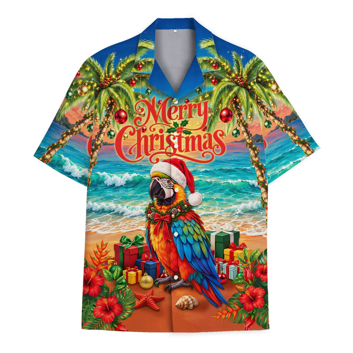Front view of the christmas hawaiian shirt showing hibiscus and starfish details