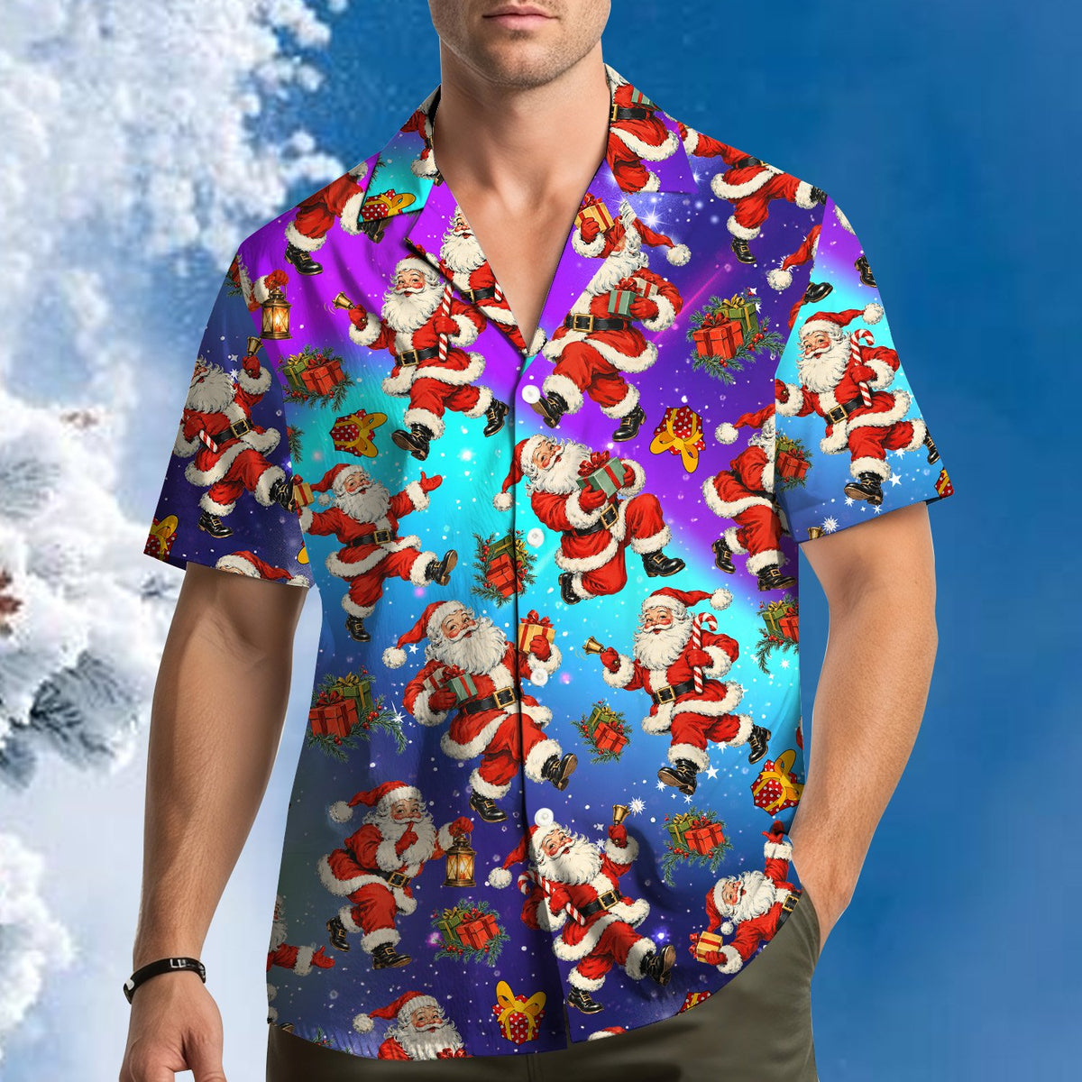 Close up front view of galaxy background holiday shirt