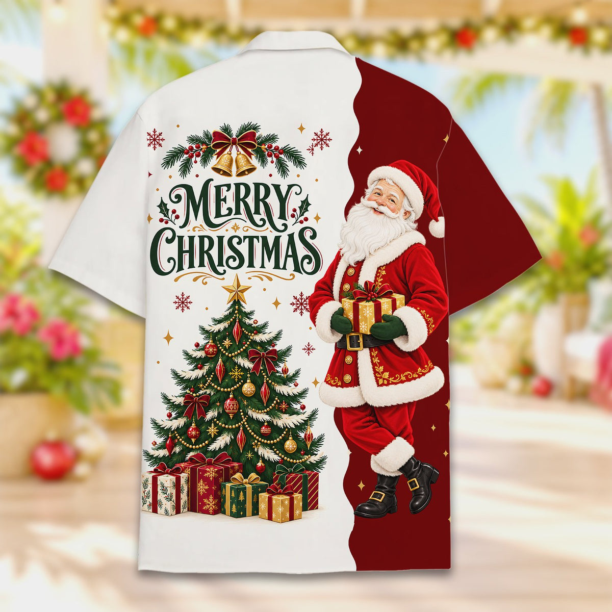 Close up of Santa holding a gift on the red side of the Hawaiian shirt
