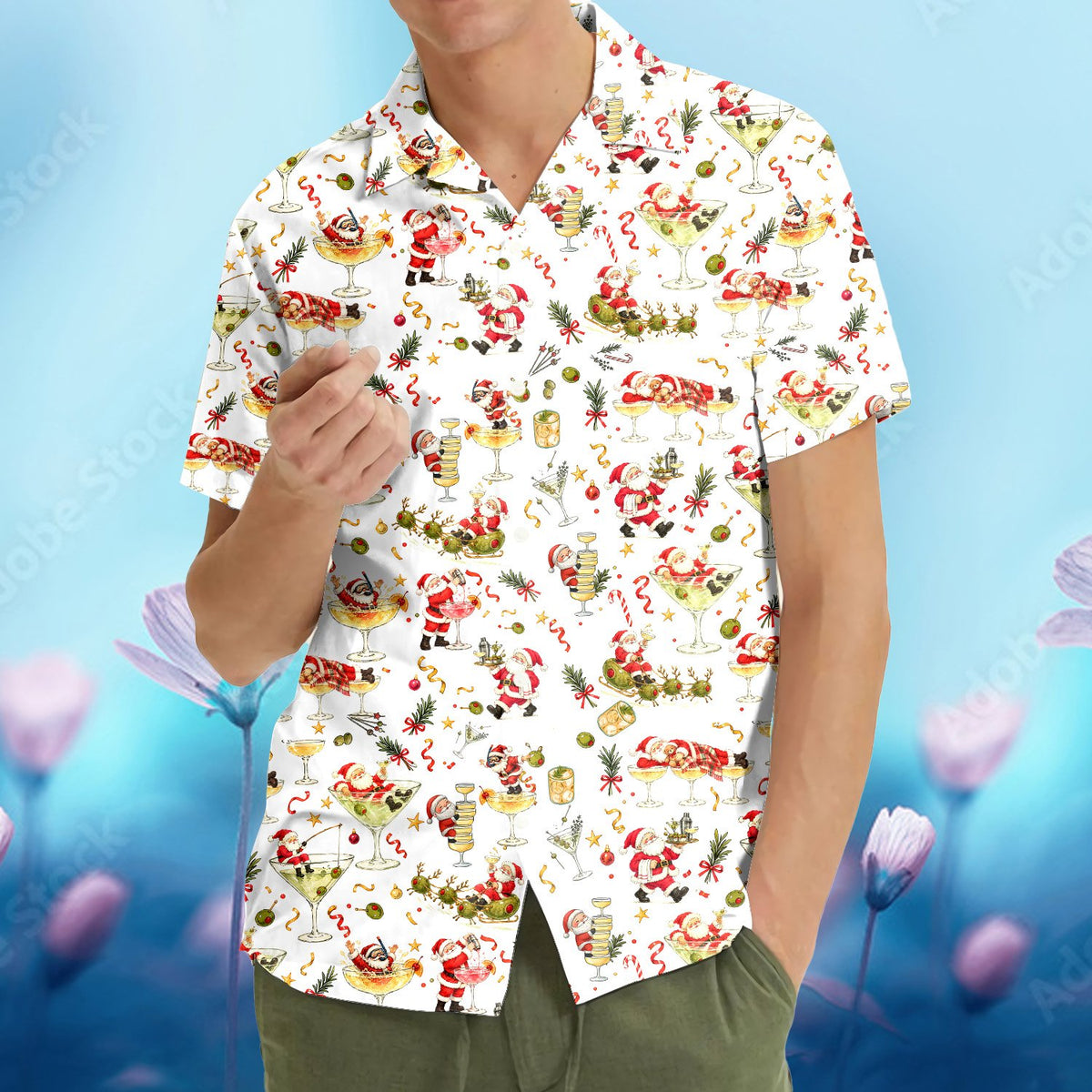 Close up front view of the Christmas hawaiian shirt design