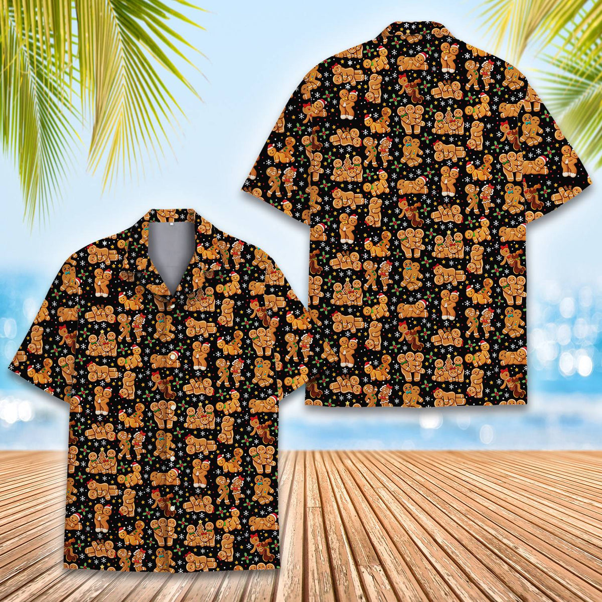 Playful gingerbread men holiday hawaiian shirt, front view