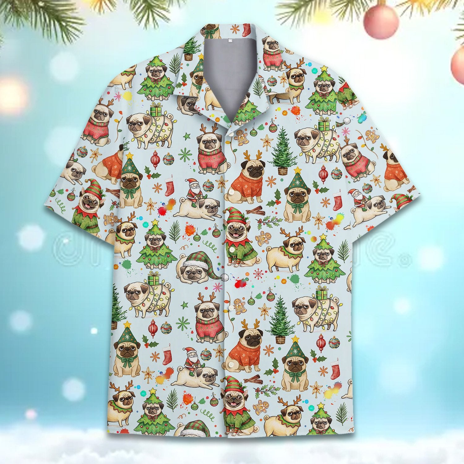 Blue christmas hawaiian shirt multicolor front view 6