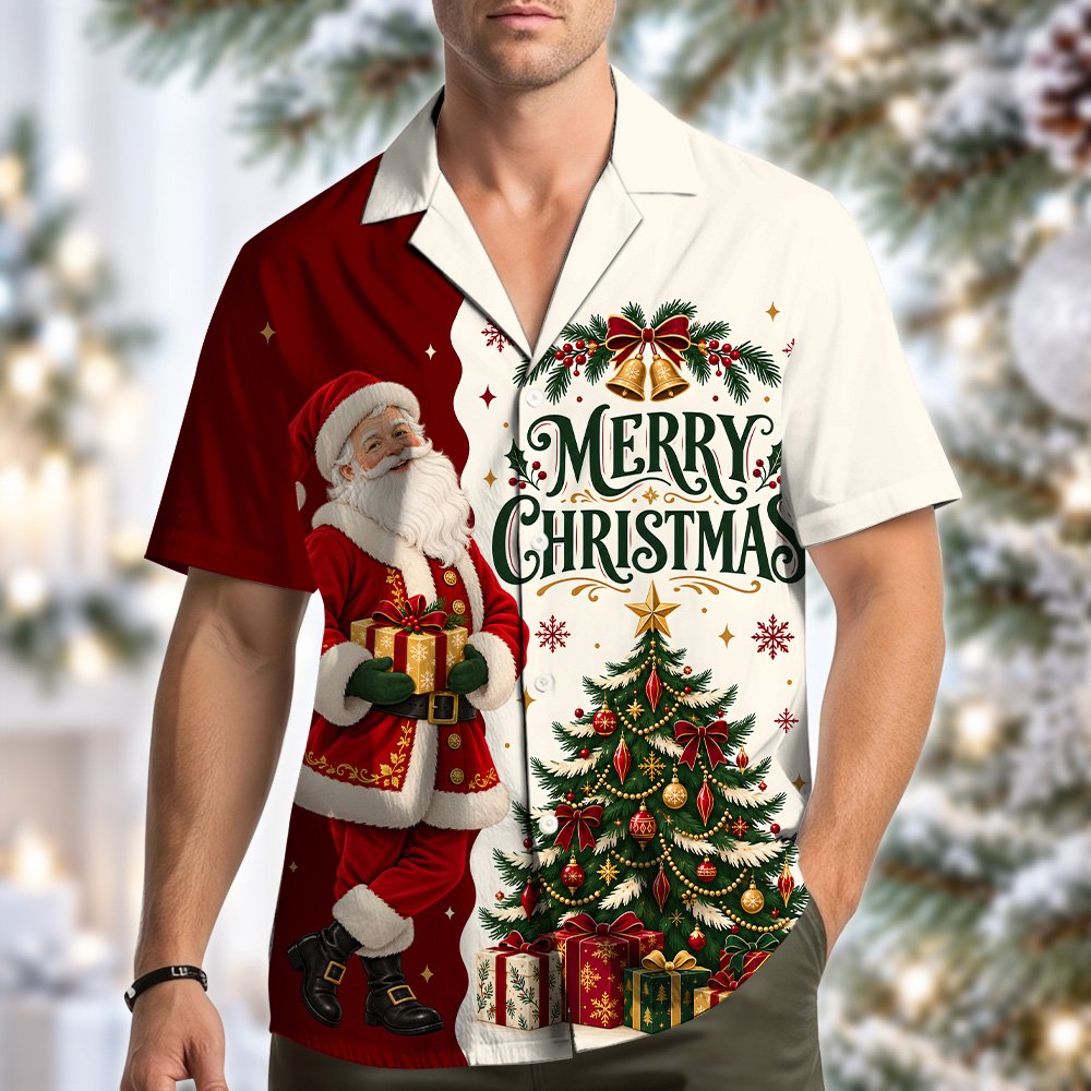 Detailed look at the holiday graphic on the red side of the matching shirt