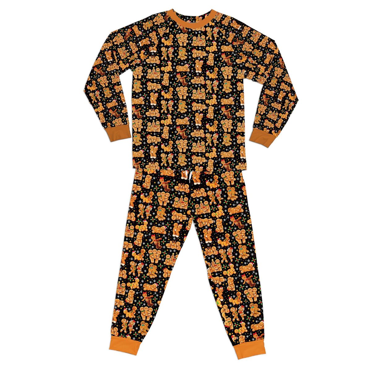 Black holiday hawaiian shirt with gingerbread men, front view