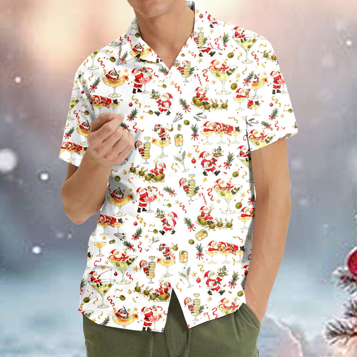 Front view highlighting the buttons and collar of the hawaiian shirt