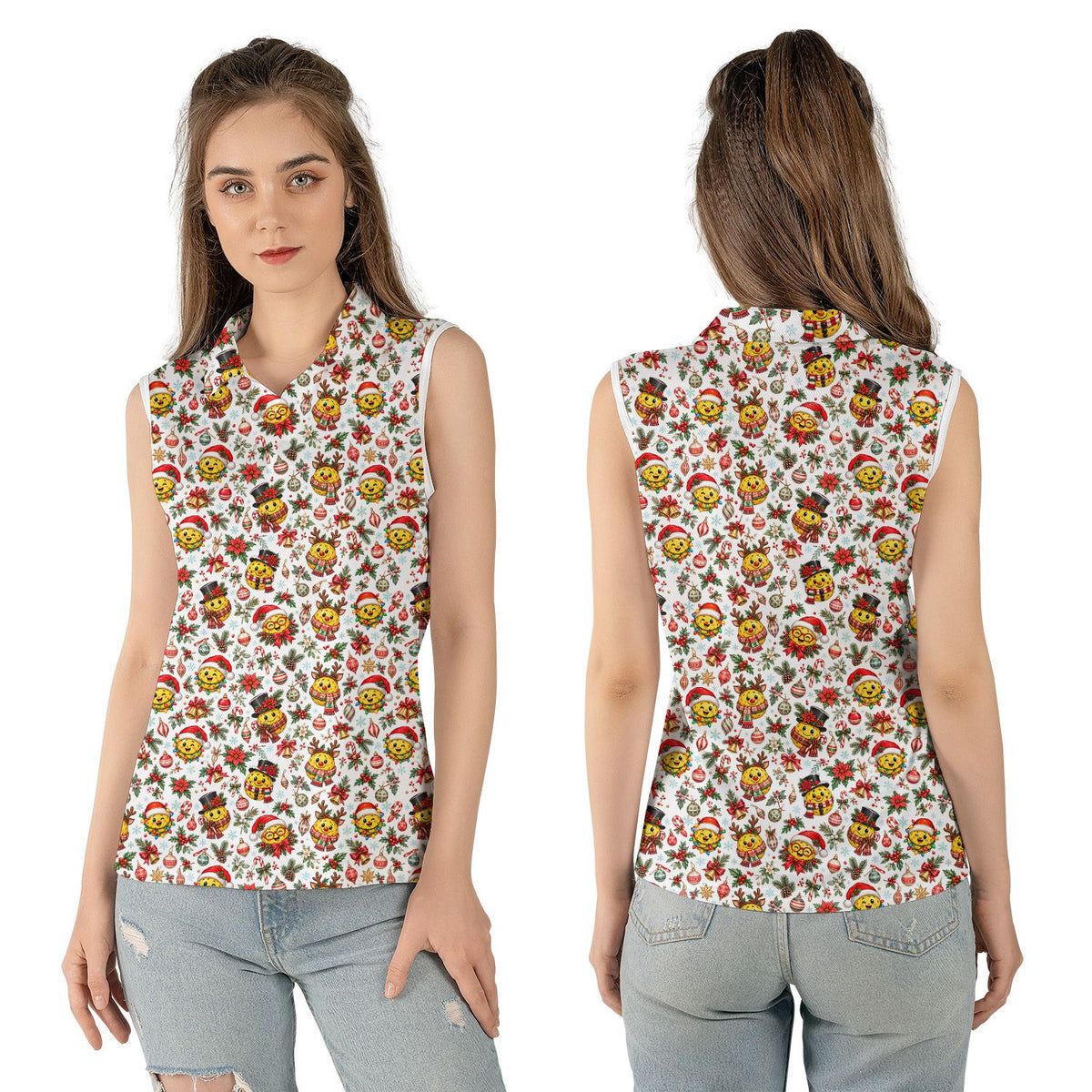 Front view displaying the vibrant red and green holiday pattern on a white hawaiian shirt