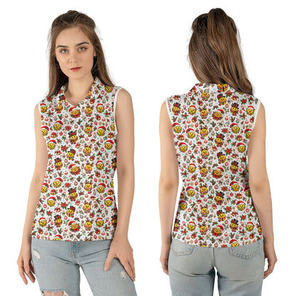 Front view displaying the vibrant red and green holiday pattern on a white hawaiian shirt