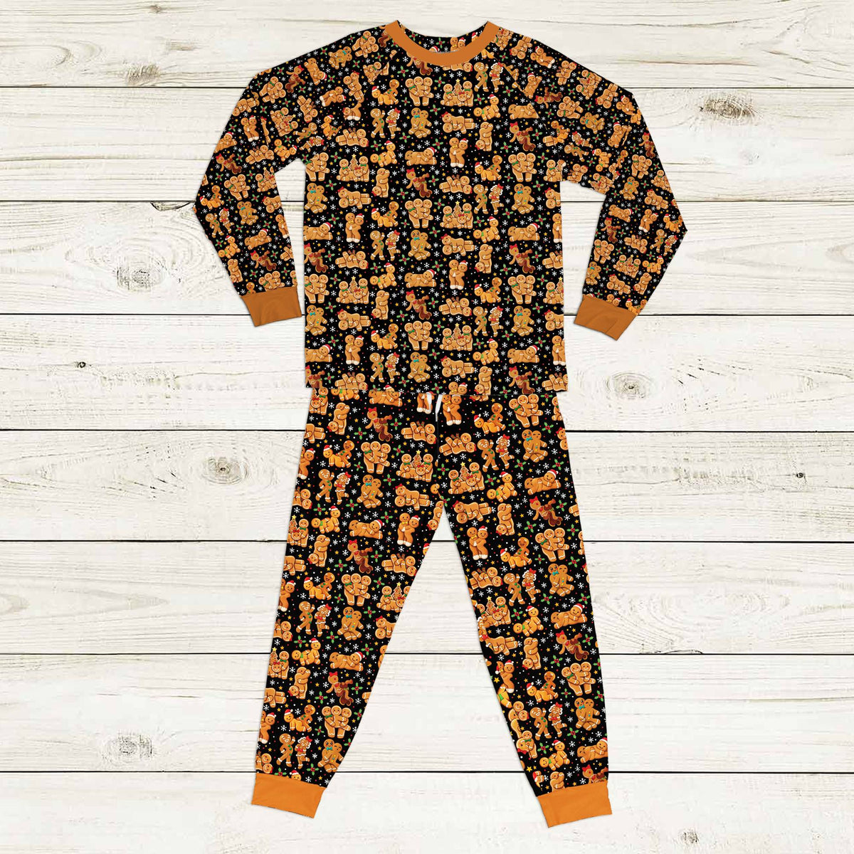 Matching family hawaiian shirts with gingerbread men pattern, front view