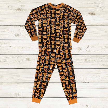 Matching family hawaiian shirts with gingerbread men pattern, front view
