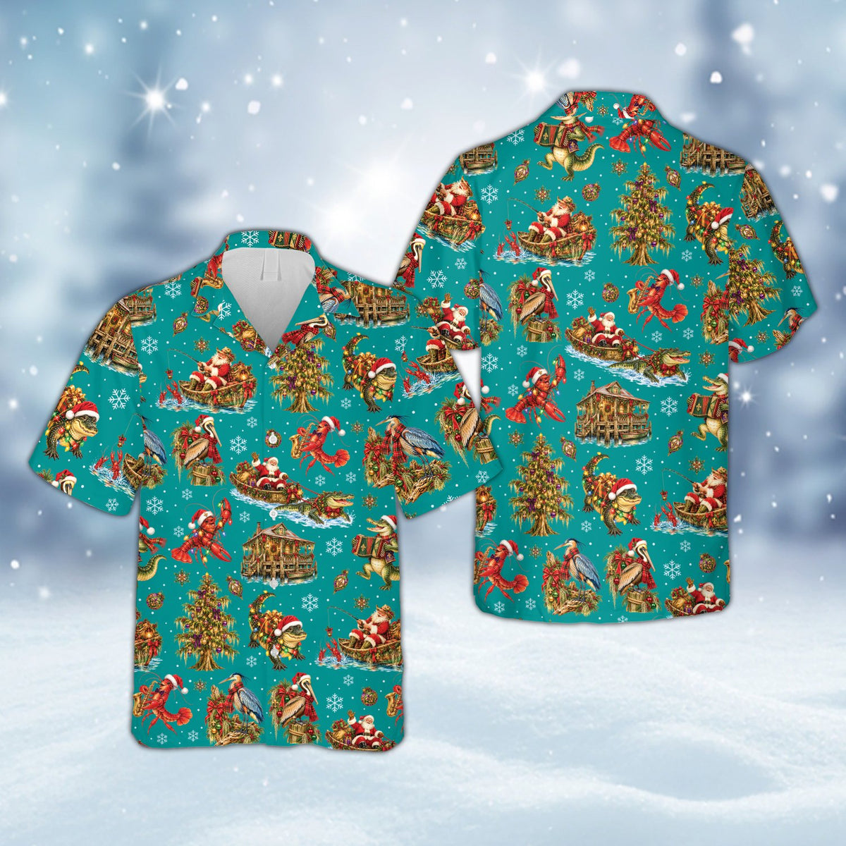 Multicolor holiday hawaiian shirt with cajun theme, front view