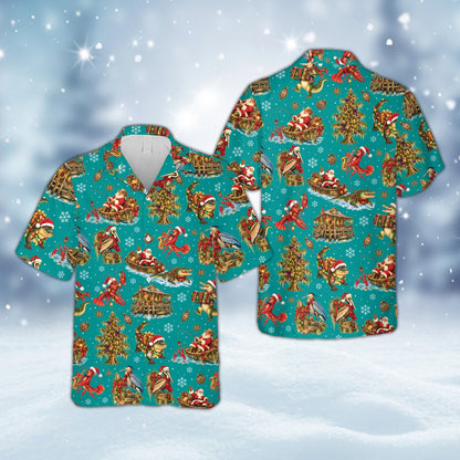 Multicolor holiday hawaiian shirt with cajun theme, front view