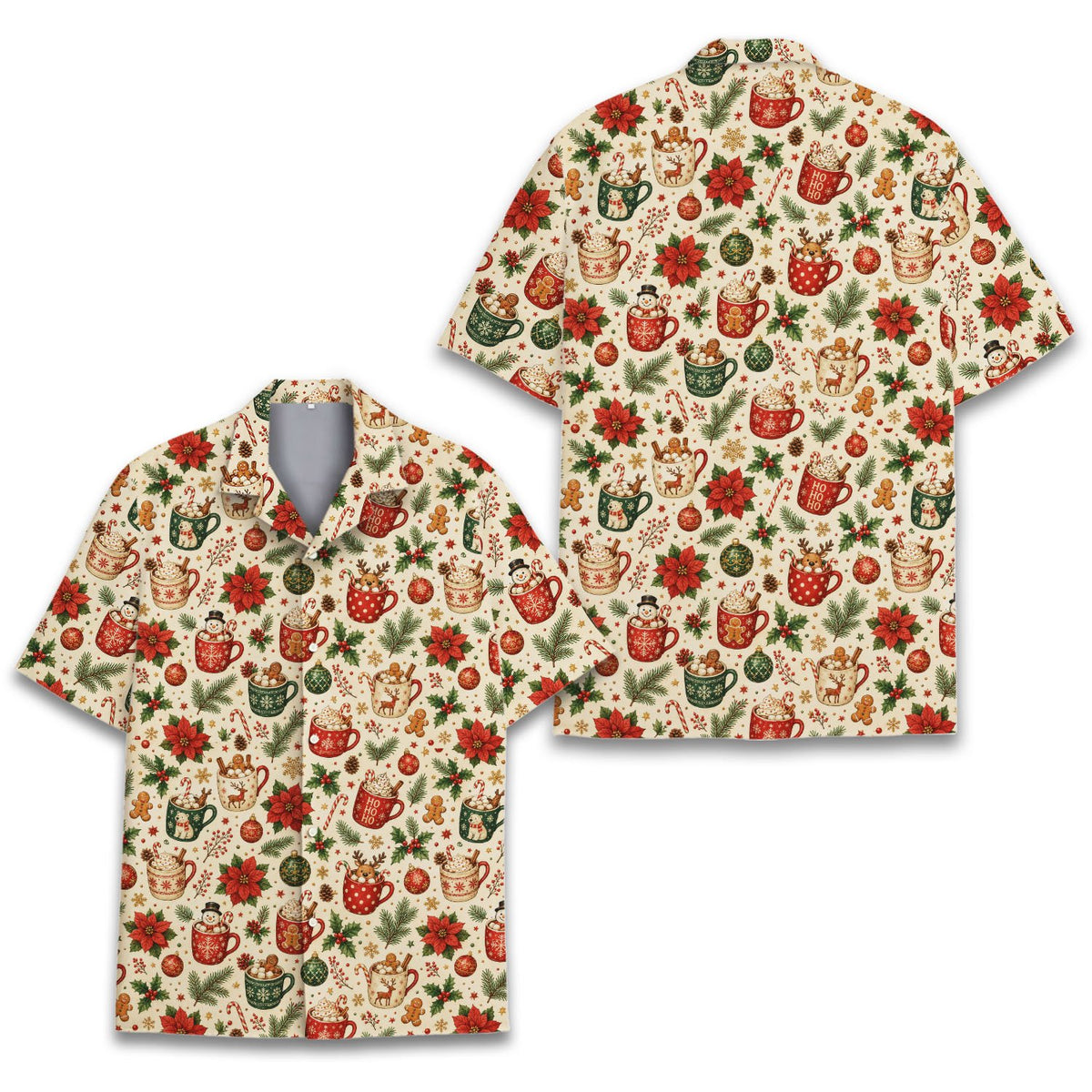 Christmas hawaiian shirt with hot cocoa and gingerbread print, front view