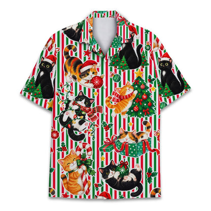 Womens hawaiian christmas shirt with festive cats and stripes, front view