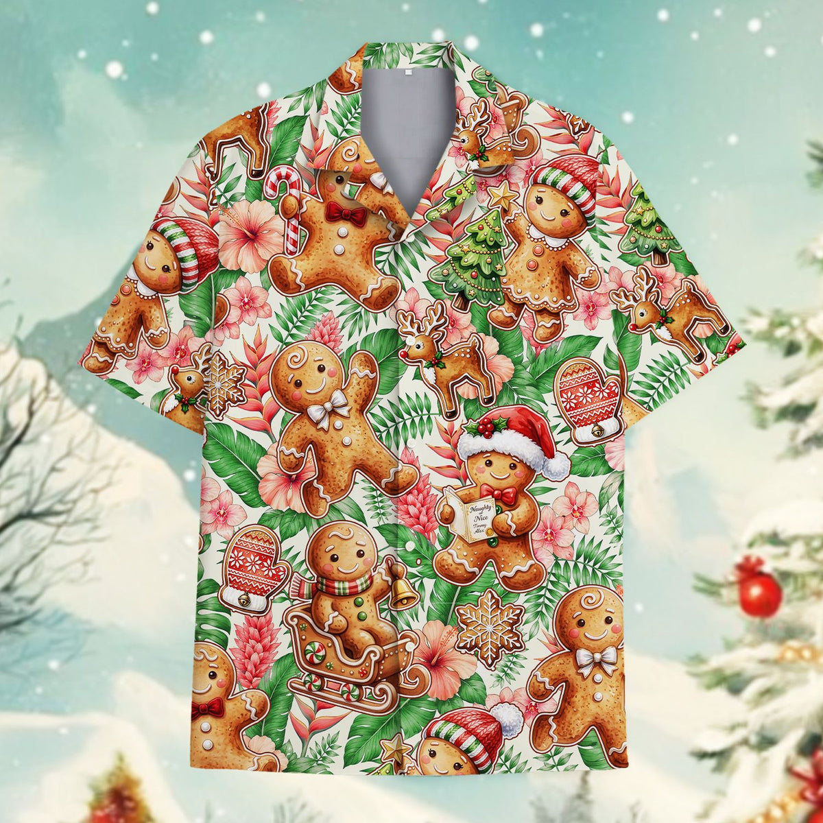 Festive hawaiian shirt with name featuring gingerbread and reindeer, main view