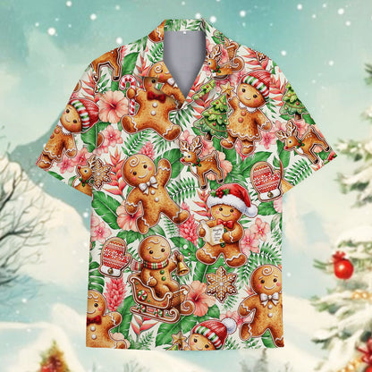 Festive hawaiian shirt with name featuring gingerbread and reindeer, main view