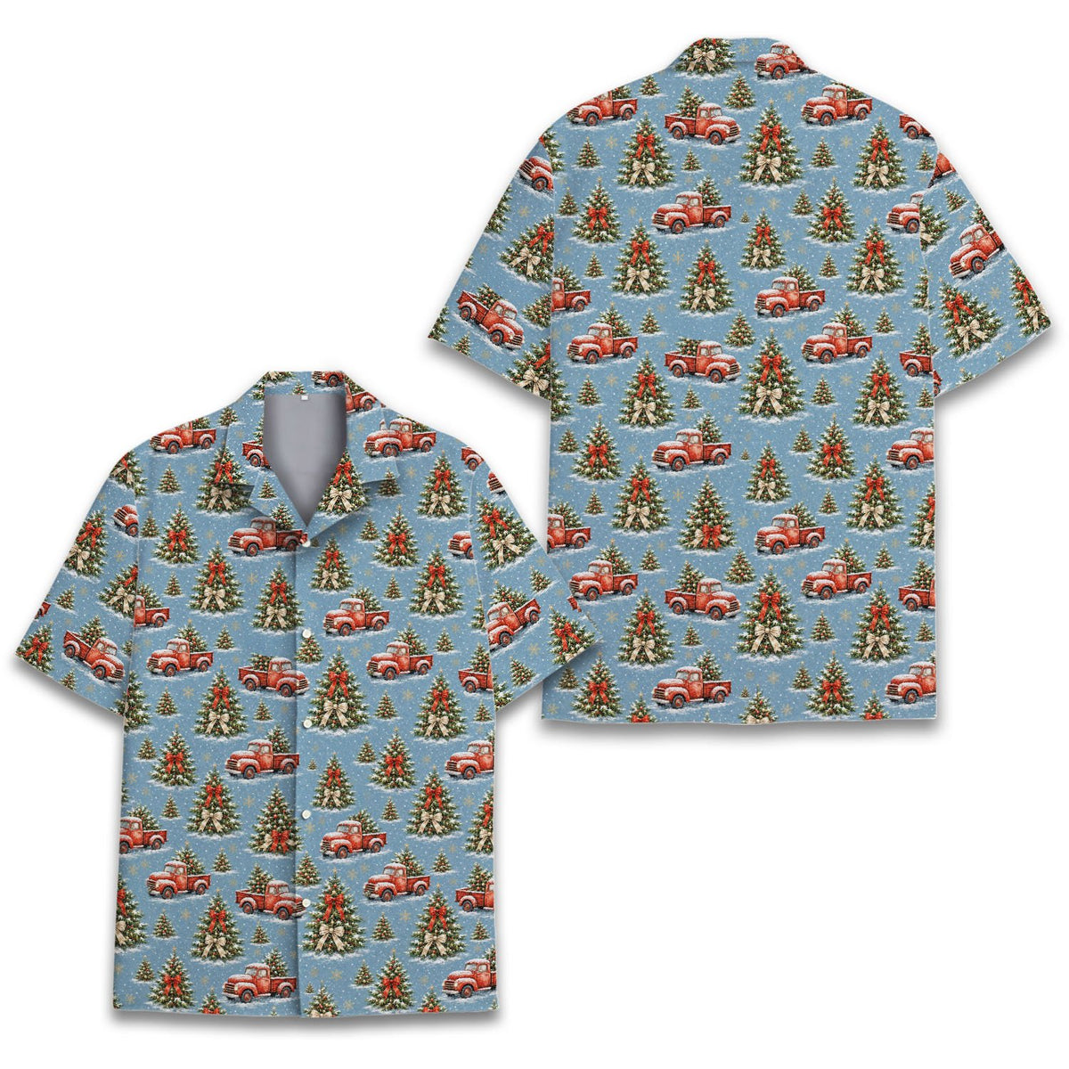 Front view of the blue christmas hawaiian shirt featuring a vintage red truck and tree pattern