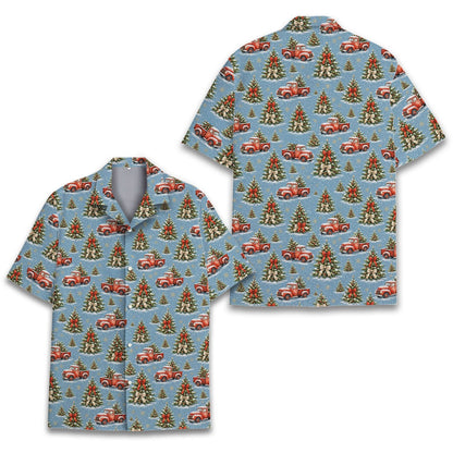 Front view of the blue christmas hawaiian shirt featuring a vintage red truck and tree pattern